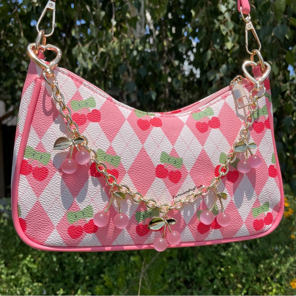 Pink Crystal Cherry Bag Charm Chain Novelty Purse Strap Baby Pink Cherries Charm - Picture 12 of 14